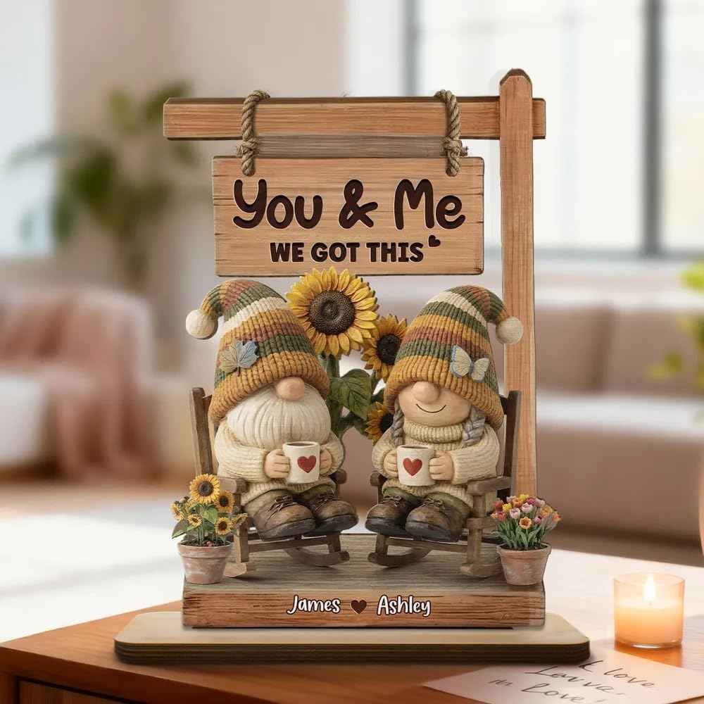 Personalized Gnome Couple Sign, Custom Names Romantic Gnome Love Wooden Table Sign, Cute Couple Home Decor, Anniversary Valentine Gift for Husband Wife