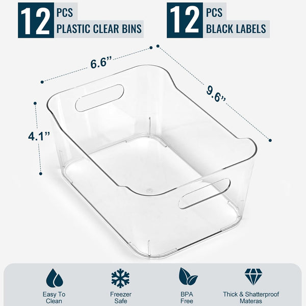 12-pack clear plastic storage bins for organizing and labeling