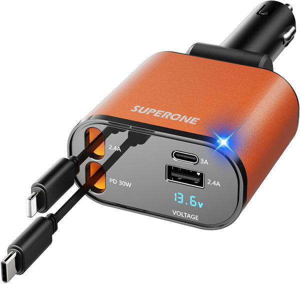 【Upgraded】 SUPERONE Retractable Car Charger 4 in 1, Fast Car Phone Charger with Cord 2.6ft, USB C and Apple Car Adapter, Compatible with iPhone 17 16 15/15 Pro Max/14/13/12/11, Galaxy, Pixel - Rayz Mart