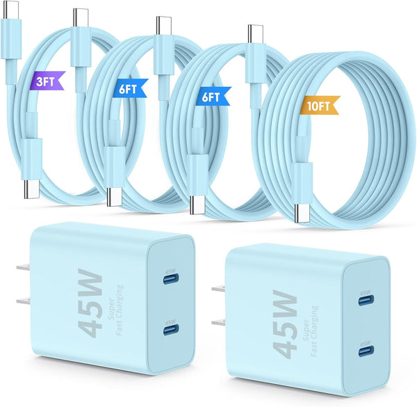 Super Fast Samsung Charger Type C,45W Dual Port USB C Fast Charger Block [2-Pack] & Extra Long 60W 3/6/10/10FT USB C Cable - PD Quick Charging 3.0 For Samsung Galaxy S25 Ultra/S24+/S23 iPhone 16