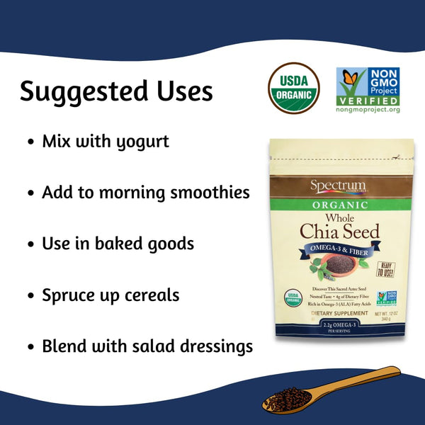 Spectrum Essentials Organic Chia Seed, Omega-3 & Fiber, 12 oz