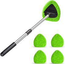Windshield cleaning tool with 4 washable microfiber pads, extendable long handle, and reusable cleaner kit for auto, office, and home in green