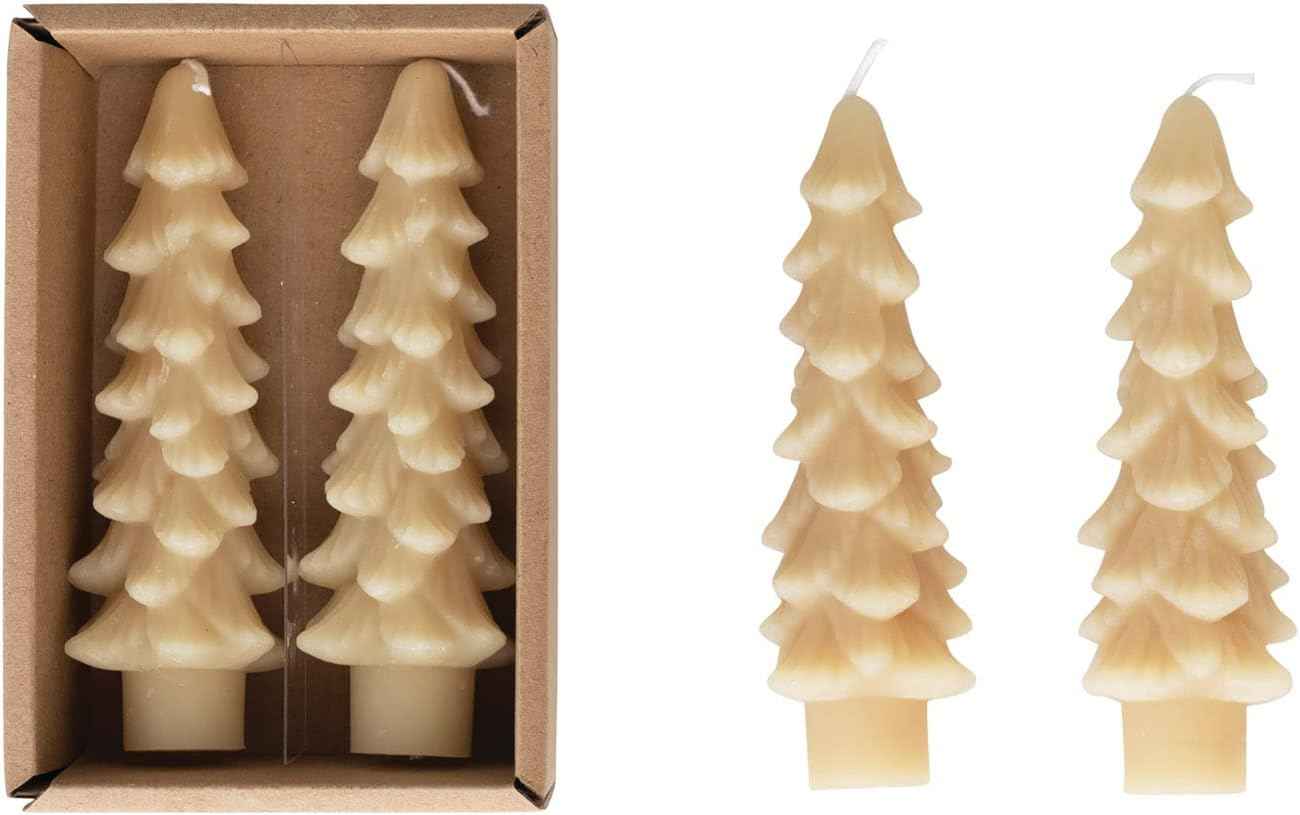 Creative Co-Op Unscented Tree Shaped Taper Candles, Evergreen, Boxed Set Of 2