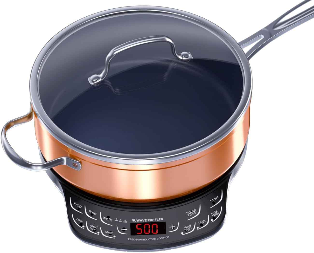 NUWAVE Flex Precision Induction Cooktop, 10.25” Shatter-Proof Ceramic Glass, 6.5” Heating Coil, 45 Temps from 100°F to 500°F, 3 Wattage Settings 600, 900 & 1300 Watts, 9” Duralon Ceramic Pan Included