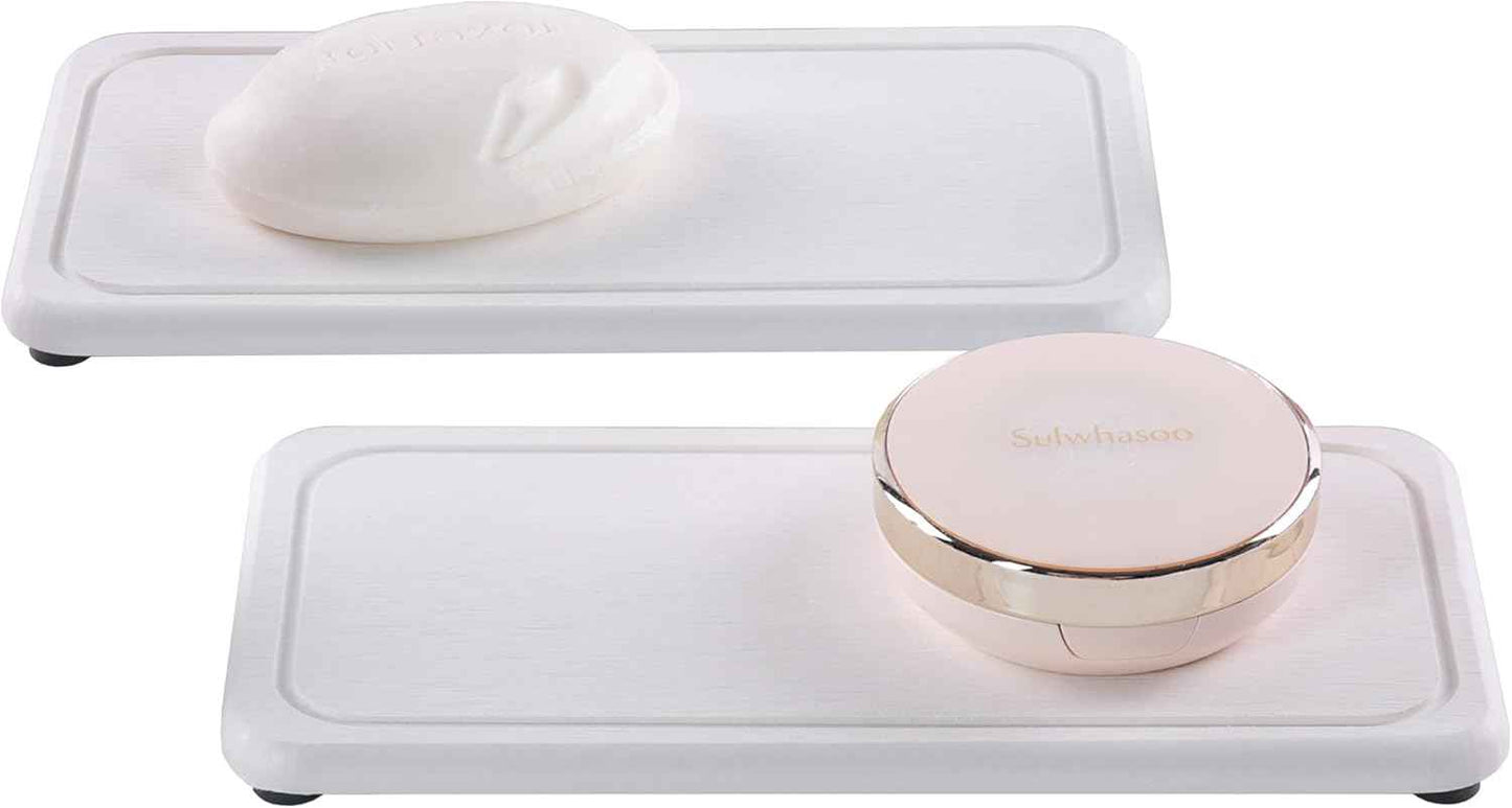 2 Pcs Water Absorbing Stone Trays, Kitchen/Bathroom Sink Soap Dish, Diatomite Tray Used for Hand Soap & Cosmetic Bottles in The Modern Home, 3.15" W x 8.7" L, White