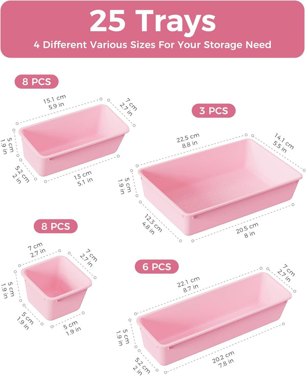 25 PCS Plastic Drawer Organizers Set for Makeup, Jewelry, and Utensils
