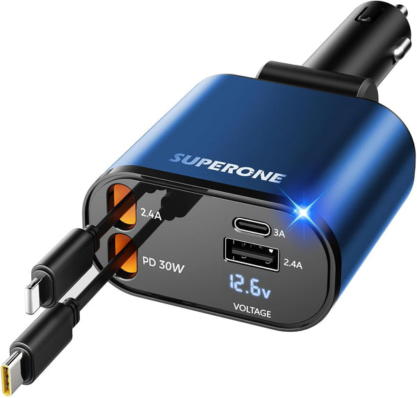 【Upgraded】 SUPERONE Retractable Car Charger 4 in 1, Fast Car Phone Charger with Cord 2.6ft, USB C and Apple Car Adapter, Compatible with iPhone 17 16 15/15 Pro Max/14/13/12/11, Galaxy, Pixel - Rayz Mart