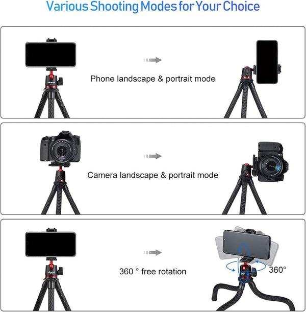 ULANZI Camera Tripod, Mini Flexible Stand w Hidden Phone Holder w Cold Shoe Mount, 1/4'' Screw f Magic Arm, Universal f iPhone 17 16 15 14 Pro Max XS Max Canon Nikon Sony DJ Pocket 4/3 Cameras