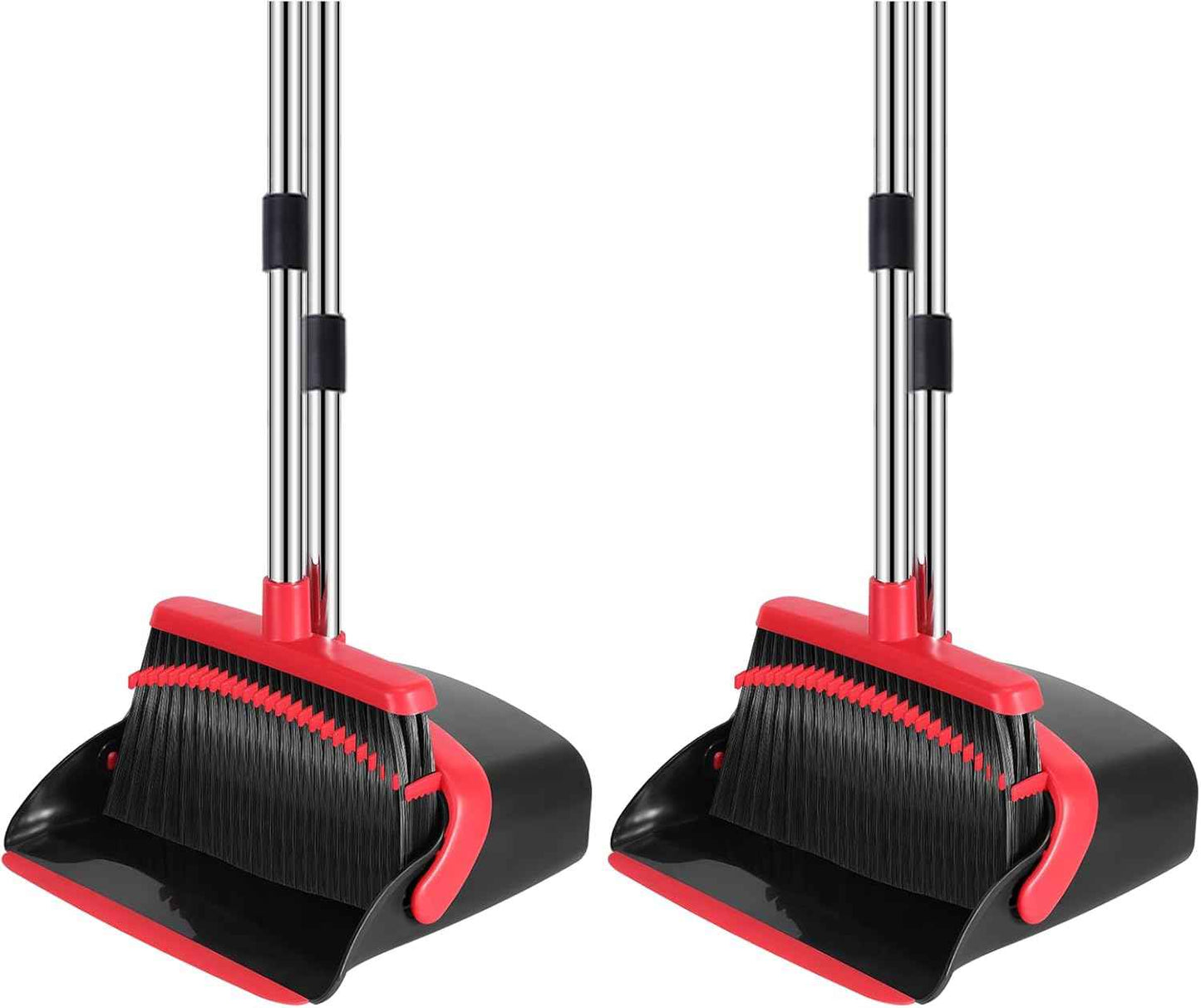 NACENA Broom and Dustpan Set, 52-in Long Adjustable Handle Broom Dustpan Combo with Dustpan Teeth to Automatically Clean Hair Suitable for Home Kitchen Office Hall Floor（Black&Red）