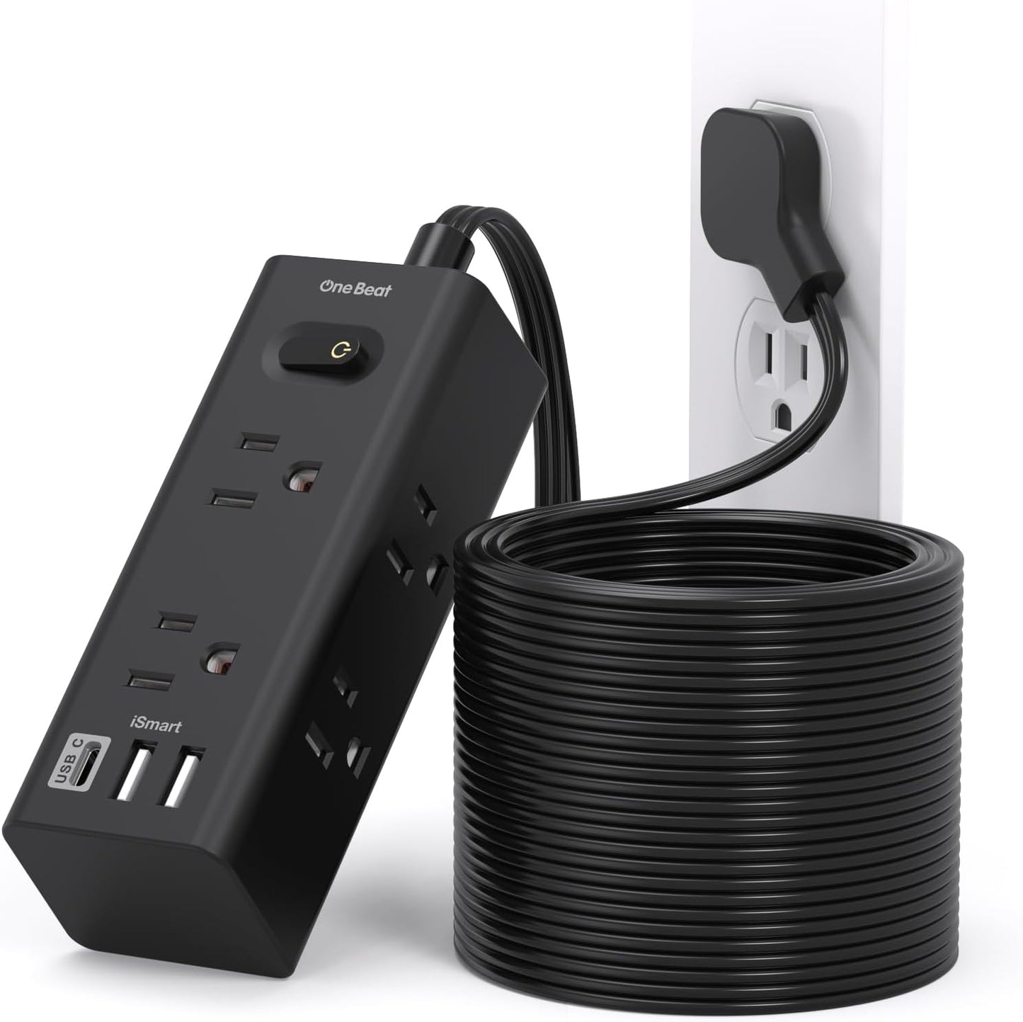 One Beat 10Ft Extension Cord Power Strip – 6 Outlets & 4 USB Ports (2 USB-C), Flat Plug Surge Protector for Home