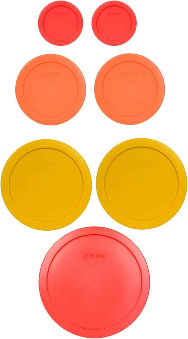 Pyrex (2) 7202-PC Green, (2) 7200-PC Orange, (2) 7201-PC Cobalt Blue, (1) 7402-PC Red Food Storage Lids - Made in USA