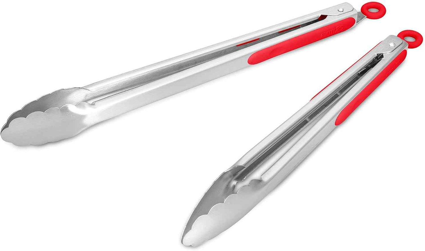 304 Stainless Steel Kitchen Cooking Tongs, 9" and 12" Set of 2 Sturdy Grilling Barbeque Brushed Locking Food Tongs with Ergonomic Grip, Black