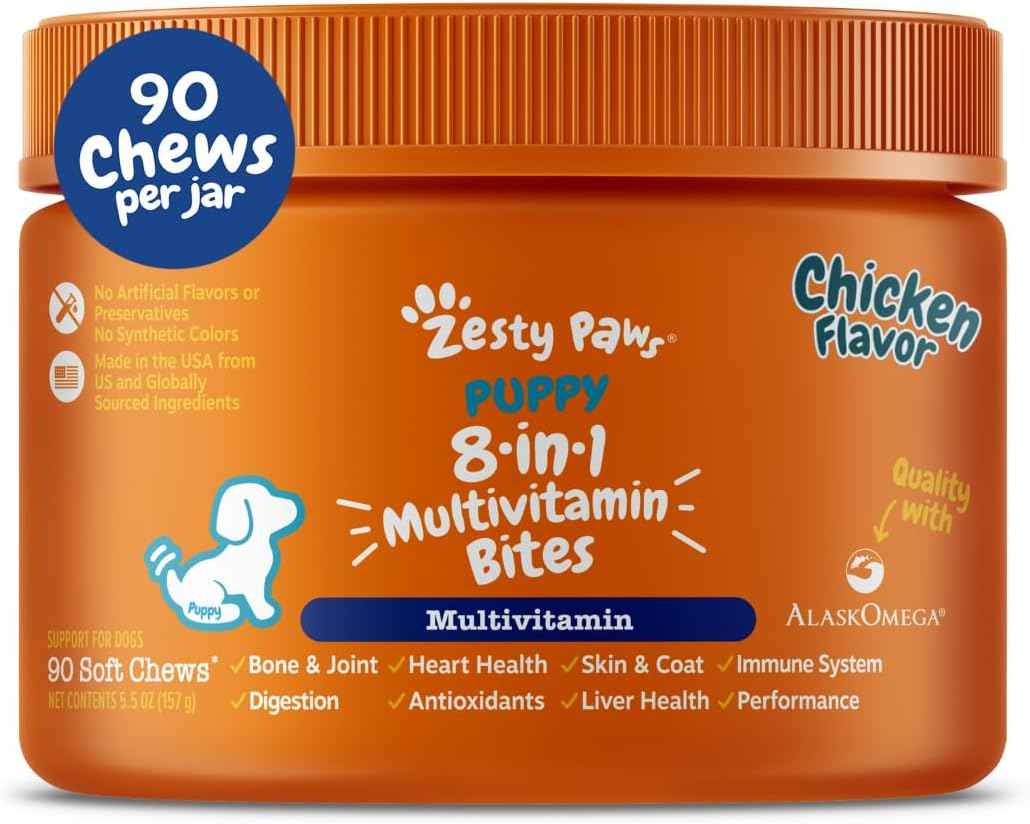 Zesty Paws Dog Multivitamin, Chewable Dog Vitamins and Supplements for Hip & Joints, Skin & Coat, Omega 3 Fish Oil for Dogs- Senior & Puppy Multivitamin- Chicken- 90ct