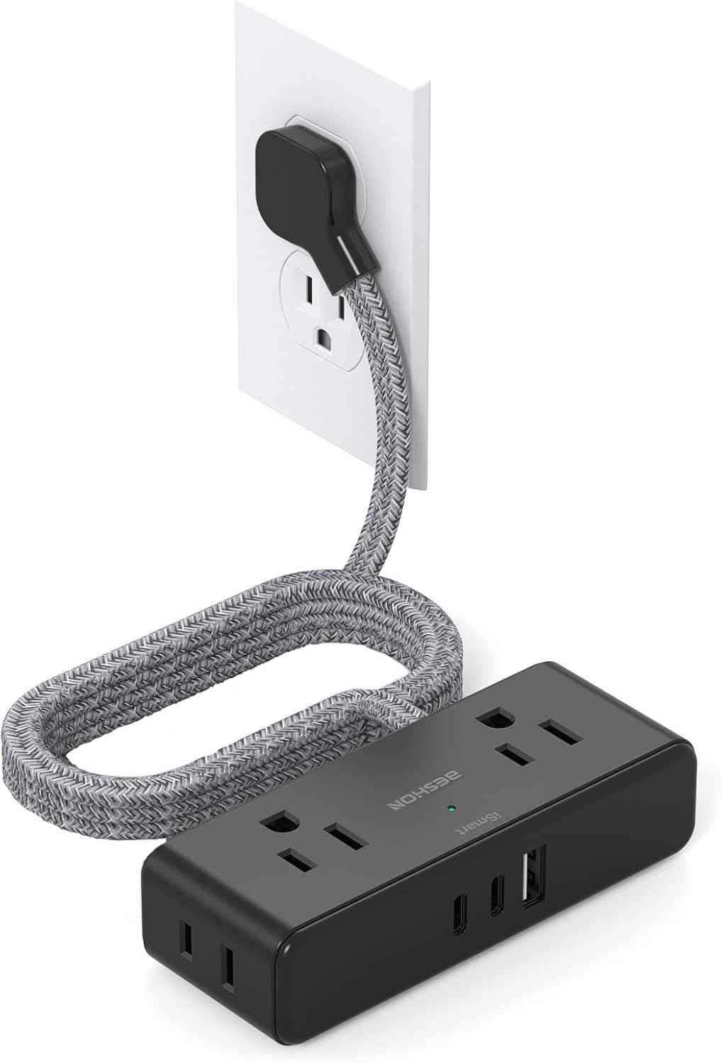 Flat Extension Cord 6 feet, Flat Plug Power Strip, 4 Widely Outlets with 3 USB Ports (2 USB C), 3 Side Outlet Extender with Extension Cord with Multiple Outlets for Home, Office, Dorm Room Essentials