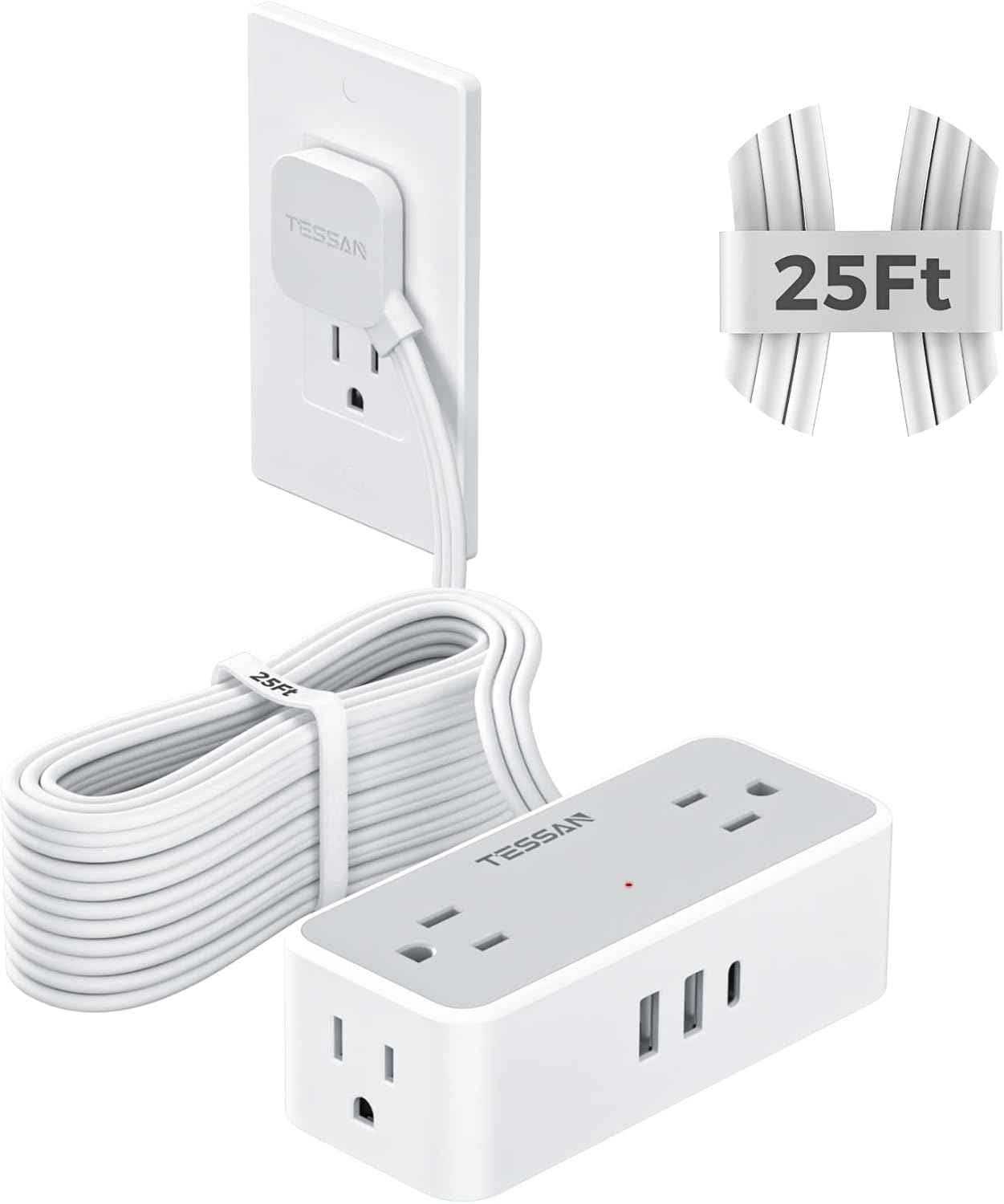 TESSAN Flat Plug Extension Cord 5 FT, Surge Protector Power Strip with 4 AC Outlets 1 USB C and 2 USB A Ports, 900 Joules Protection, Multiple Wall Outlet Extender Suitable for Home Office Dorm