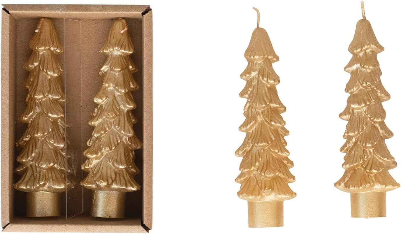 Creative Co-Op Unscented Tree Shaped Taper Candles, Evergreen, Boxed Set Of 2