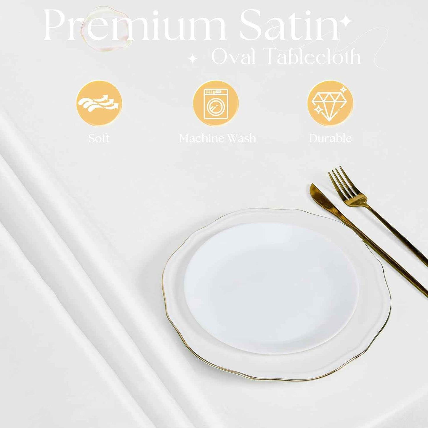 White Satin Oval Tablecloth 60 x 84 Inch Washable for Indoor/Outdoor Use, Wrinkle Resistant Stain Fabric Table Cover for Farmhouse, Dining, Kitchen, Wedding, Banquet, Party