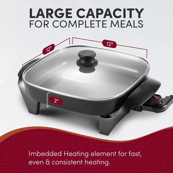 Elite 12"x12"x2.15" Ceramic Electric Skillet with Rapid Heat Up and Dishwasher Safe