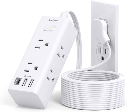 One Beat 10Ft Extension Cord with Multiple Outlets,Flat Plug Power Strip Surge Protector with 10 Ft Long Cord,6 Outlet 4 USB Ports (2USB C),Multi Outlet Wall Plug for Travel,College,Dorm Essentials