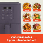 bella 4Qt Slim Air Fryer, Fits-anywhere™ Kitchenware, EverGood™ Ceramic Nonstick Coating, Adjustable Temperature, 6 Preset Cooking Options, 60 Min Auto Shutoff w Audible Tone, 3.3lb Capacity, Plum