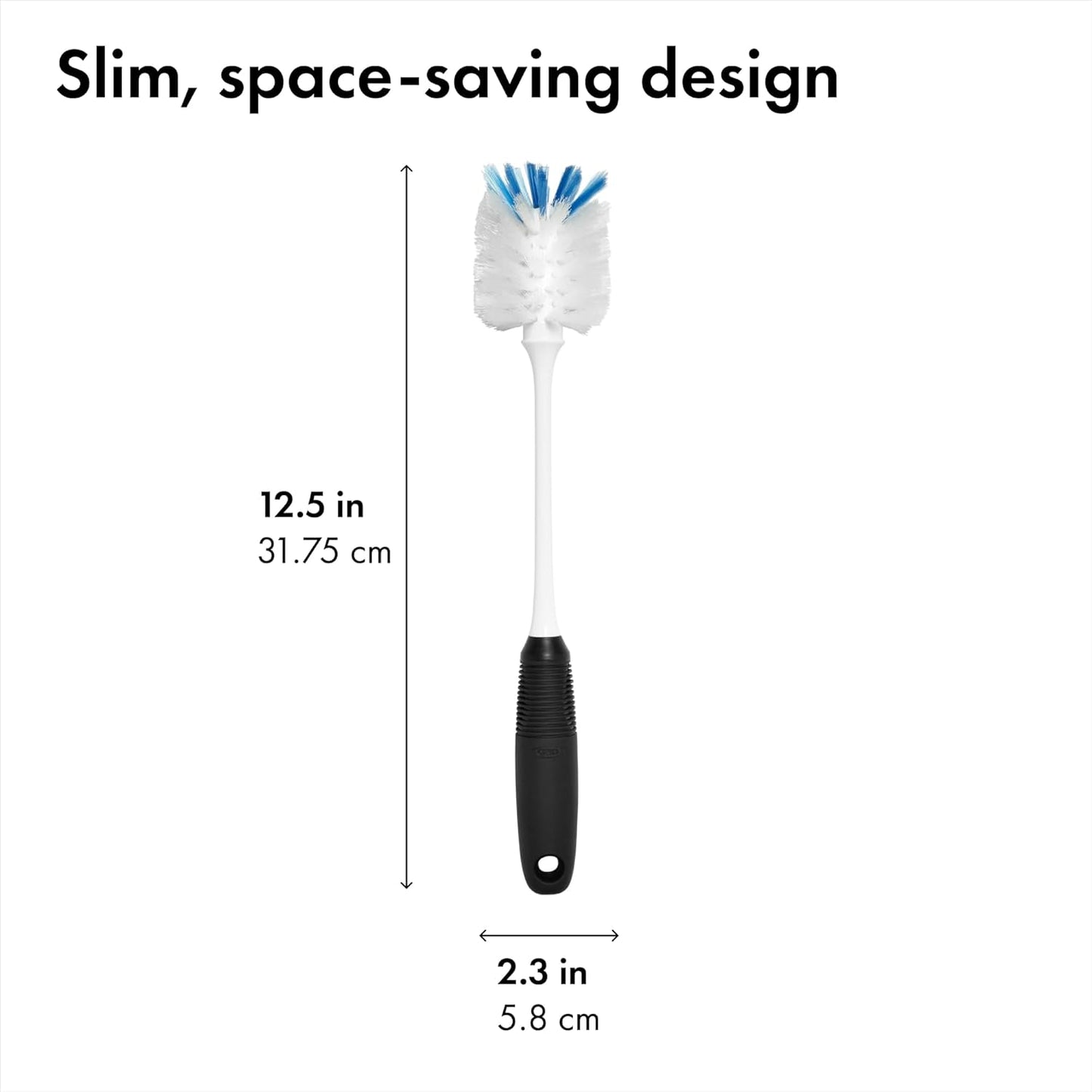 OXO Good Grips Bottle Brush, Dual-Bristle Cleaning for Bottles, Pitchers and Carafes, Flexible Neck Scrub Brush, Safe for Stemware and Delicate Glassware, Dishwasher Safe