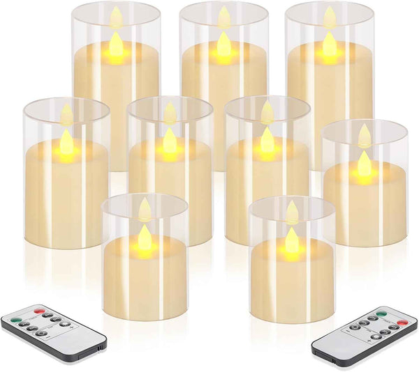 Flameless Candles 4" 5" 6" Set of 3 Acrylic Glass Pillars 3" Diameter Battery Operated Flickering Candles Include 10-Key Remote with Timer Function 400+ Hours (Gray, Warm Light 3 Pack)