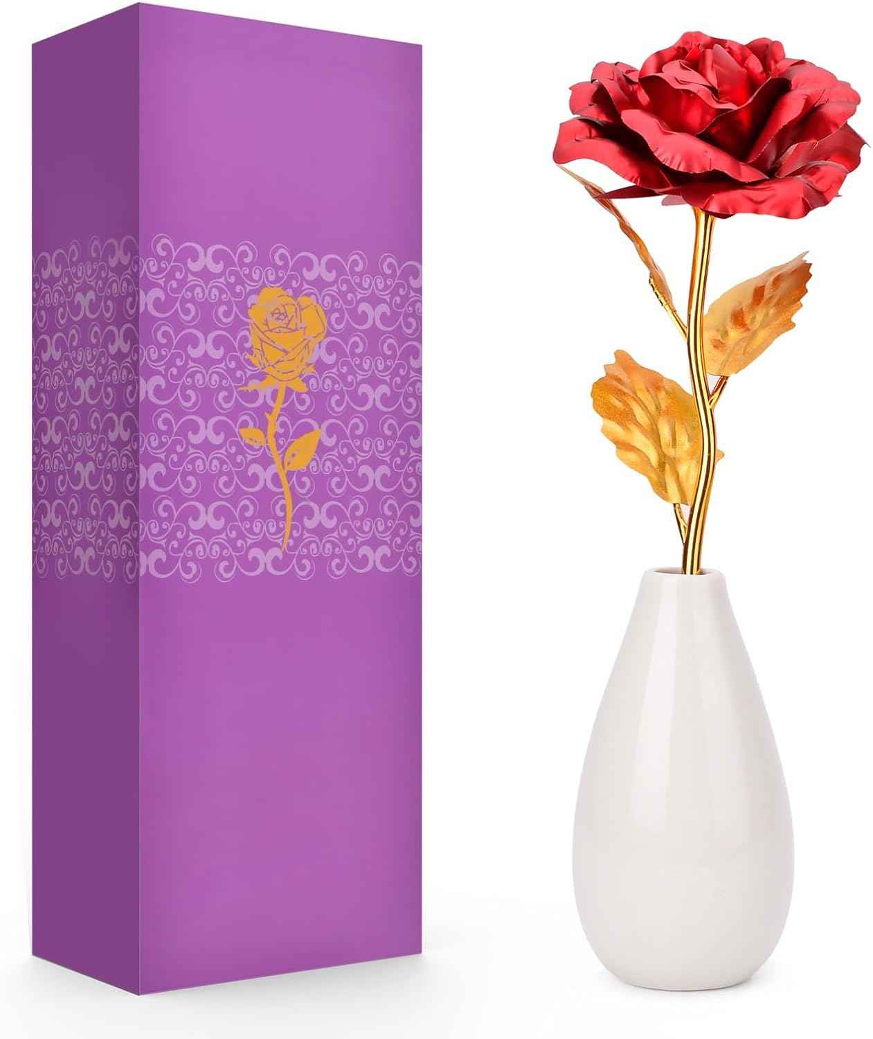 Tmacker Valentines Galentines Day Gifts for Her Mom Wife Girlfriend Artificial Rose Flowers with Vase Mothers Day Birthday Gifts for Women Grandma Sister Anniversary Thanksgiving Wedding Christmas