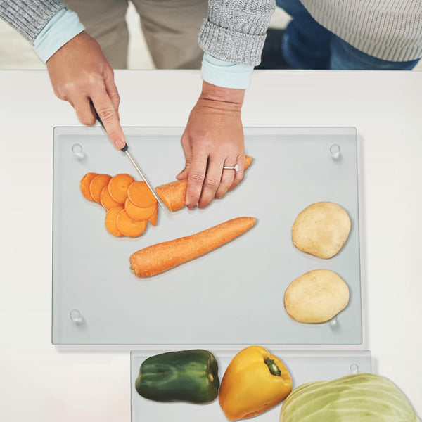 Tempered glass cutting board for kitchen use, 2 pieces, 12x16 and 12x8 inches, clear, heat resistant, non-slip feet