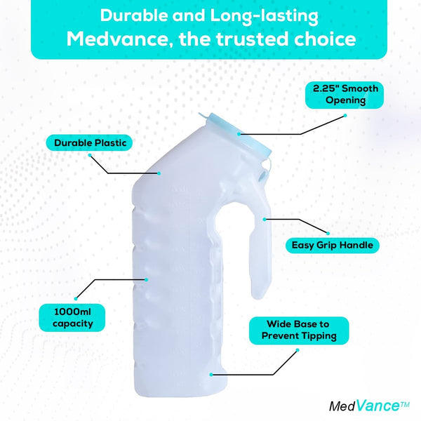 MedVance 1000ml spill-proof portable urinals for men, 2 pack with glow in dark and leak-proof lid