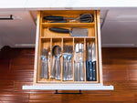 Bamboo kitchen drawer organizer with 7 slots and 6 silicone feet