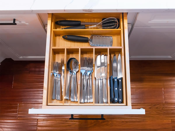 Bamboo kitchen drawer organizer with 7 slots and 6 silicone feet