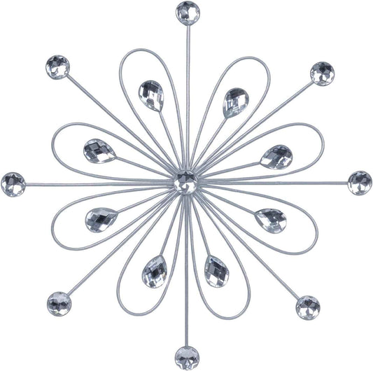 hogardeck Metal Flower Wall Decor, 11inch Silver Metal Jeweled Wall Art Bling Crystal Home Décor, Sun Burst Rhinestone Wall Hanging Diamond Accents for for Indoor, Outdoor, Living Room, Bedroom
