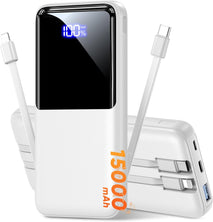 Portable Charger Power Bank, 50% Larger Capacity 15000mAh Battery Pack with Built in Cable, 22.5W Fast Charging Travel Camping Essential Powerbank for iPhone 17 16 Pro iPad Samsung S26 Google etc