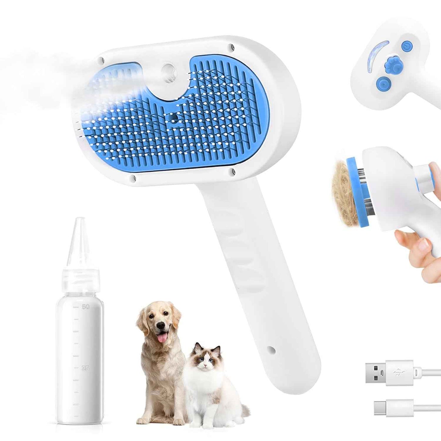 Pet Steam Brush for Dog & Cat - 3-in-1 Steam Grooming Brush for Shedding & Hair Removal - Self Cleaning Spray Comb with Mist for Long Haired Pets - Includes 1*Waterless Shampoo, Blue.
