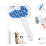 Pet Steam Brush for Dog & Cat - 3-in-1 Steam Grooming Brush for Shedding & Hair Removal - Self Cleaning Spray Comb with Mist for Long Haired Pets - Includes 1*Waterless Shampoo, Blue.