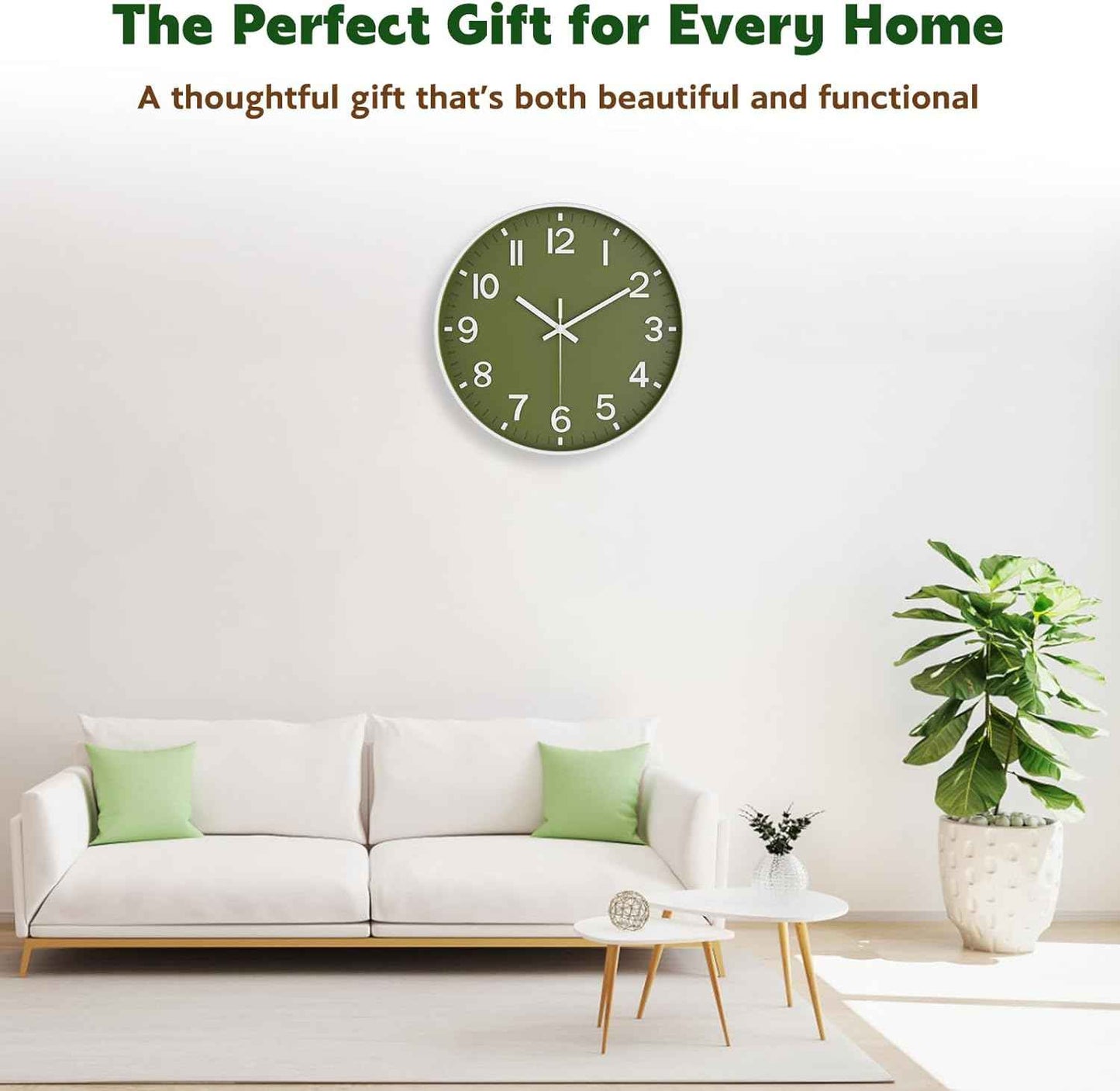Silent Wall Clock Non-Ticking Battery Operated – Modern Olive Green Analog Wall Clock for Living Room, Kitchen, Office, Bedroom – Stylish Home Wall Decor Clock, 8 Inch