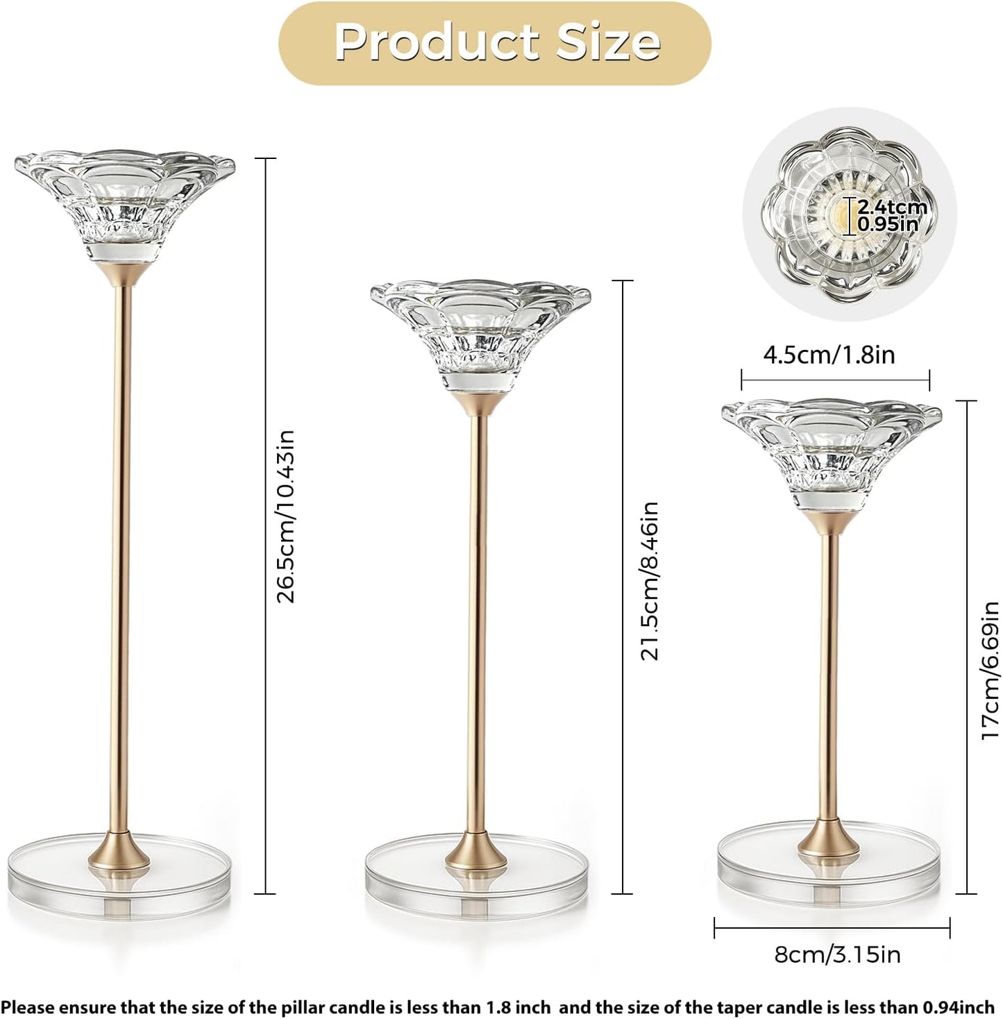 Candlestick Holders, Crystal 2 in 1 Taper and Pillar Candle Holders, Set of 3 Clear Glass Candle Holder, Decorative Candle Holder Candelabra for Home Decor, Wedding, Party, Anniversary