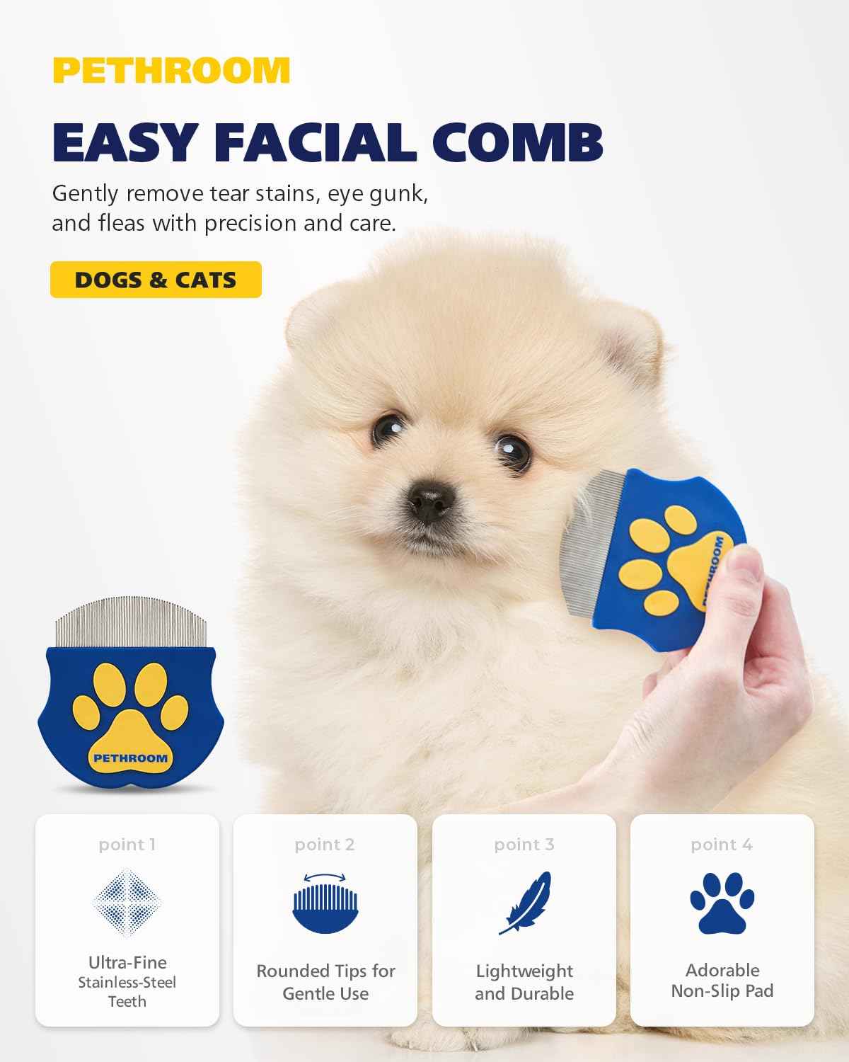 [PETHROOM] Professional Eye Comb for Pets | Stainless Steel Tear Stain Remover for Cats & Dogs | Gentle Round-Head Grooming Tool | Compact & Portable for Eye Gunk Removal