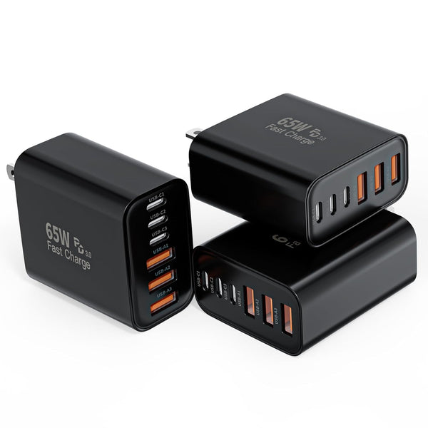 3 Pack 65W GaN Type C Wall Charger Block,6-Port Fast Charging Block,PD USB C Plug Adapter+QC Plug Compatible with Apple iPhone 17/17 Air/16E/16Pro Max/16Plus/16/15/14/13/12/11/XS Max,iPad Pro,AirPods