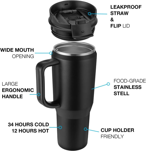 40 oz Insulated Tumbler with Handle and Lid, Stainless Steel Travel Coffee Mug Cup, Black