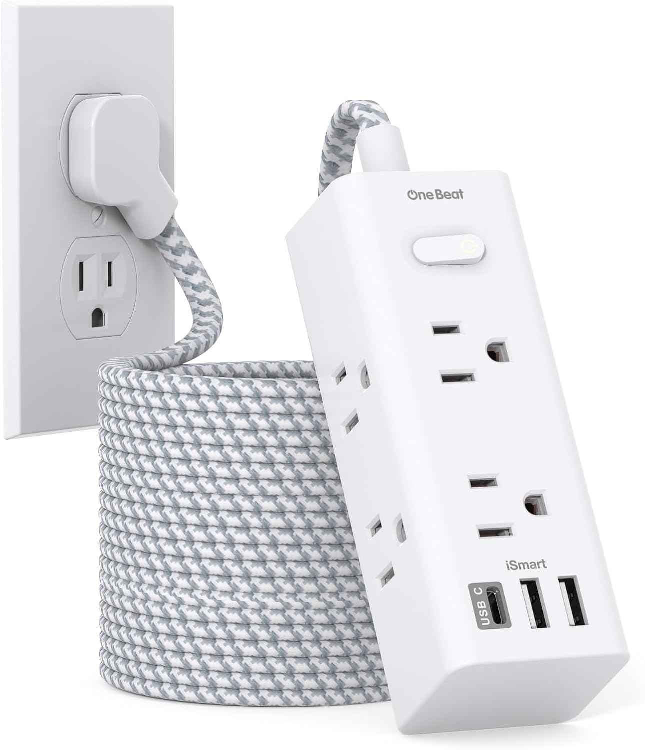 Power Strip Surge Protector - One Beat 6 Widely Outlets with 3 USB Ports (1 USB C), 5 Ft Extension Cord Flat Plug, Wall Mount Outlet Extender Small Power Strip for Travel Home Office College Dorm Room