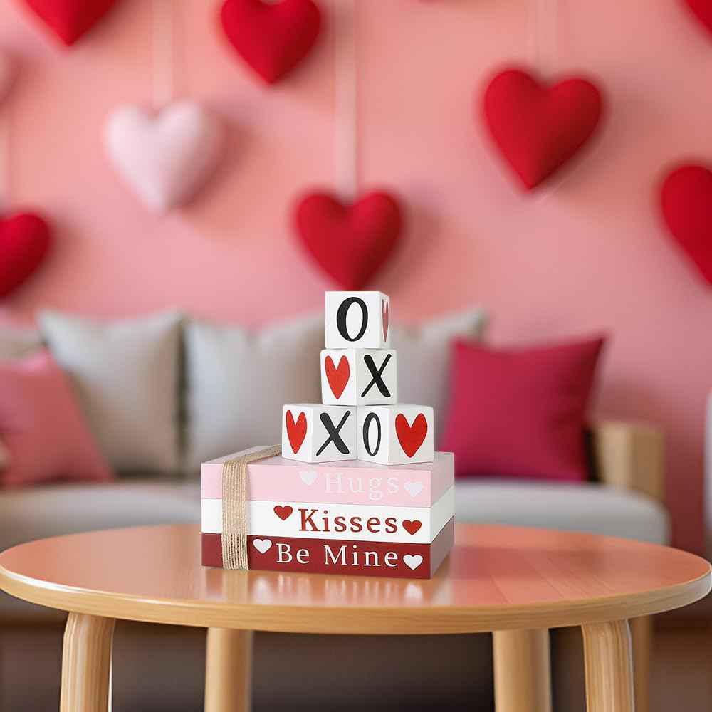 Valentines Day Decor, Wooden Book Stack with 4 XOXO Signs - Valentines Day Decorations for The Home, Tiered Tray, Coffee Table, Fireplace Mantel, Shelf