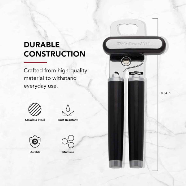 kitchenaid classic multifunction can opener and bottle opener, stainless steel, black, easy to use, ergonomic handles
