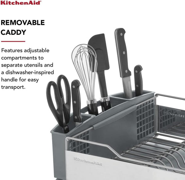 KitchenAid Large Capacity Full Size Dish Rack with Angled Drain Board and Removable Flatware Caddy