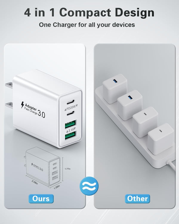 USB C Charger Block, 2-Pack 40W 4-Port Type C Fast Charging Block
