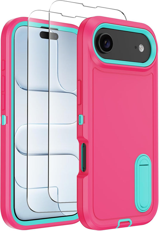 for iPhone 17 Air Case with Built-in Invisible Kickstand,[2*Screen Protector] Military-Grade Protection Shockproof Protective Cover,Hard Back Stand Phone Case for iPhone 17 Air (Pink)