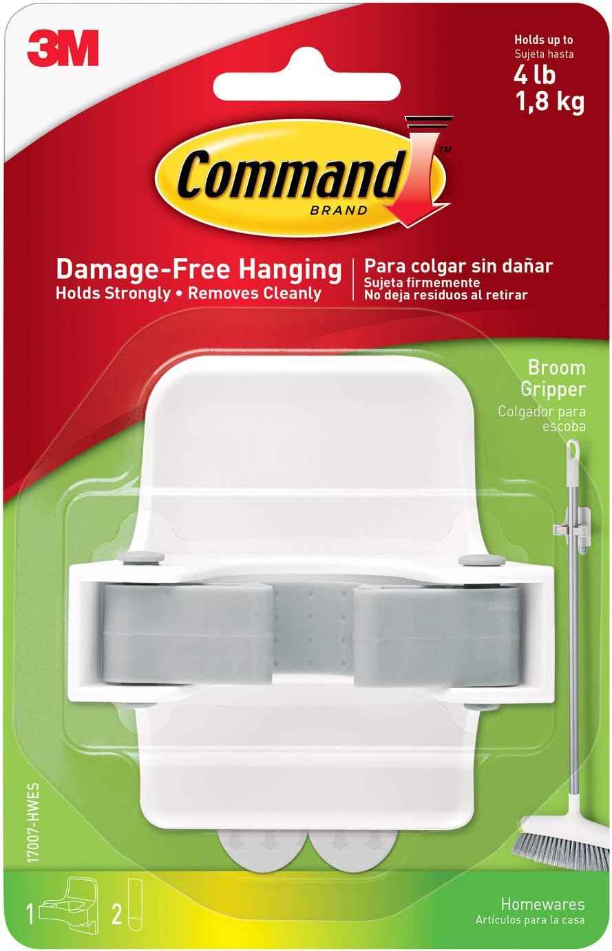 Command Broom and Mop Grippers, 2 Hangers and 4 Strips, Damage-Free Hanging Wall Mount Broom and Mop Holder, Household Cleaning Organizer for Christmas Decorations, Holds up to 4 lb