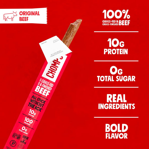 Chomps Grass-Fed Beef Jerky Snack Sticks 10-Pack, 10g Protein, Gluten-Free, Zero Sugar