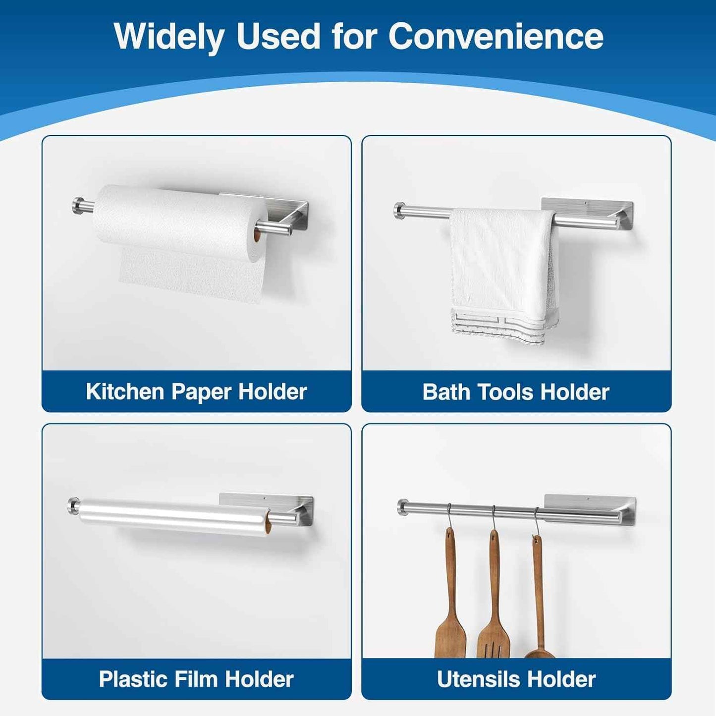 Paper Towel Holder - Self-Adhesive or Drilling, Brushed Nickel, Wall Mounted, SUS304 Stainless Steel Kitchen Roll Dispenser Under Cabinet