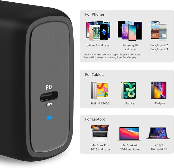 Amazon Basics 65W One-Port GaN USB-C Wall Charger with Power Delivery PD 3.0, Foldable Plug, Portable, Fast Charging for Laptops, Tablets & Phones, Black